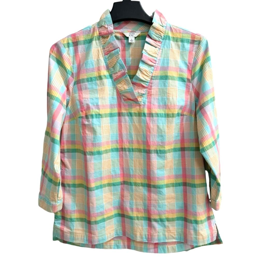 Crown & Ivy Pastel Plaid Ruffle Neck Top Preppy Old Money Spring Summer Pastel